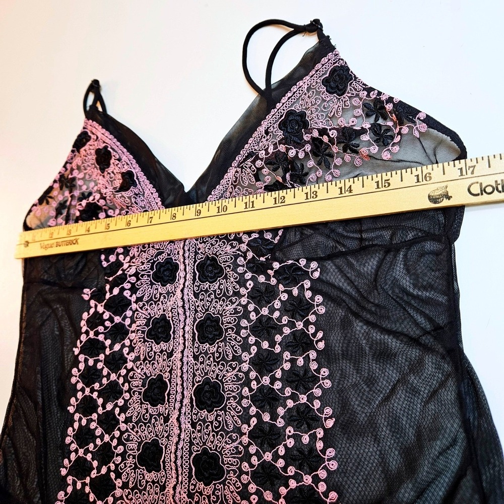 Feminine Black w/ Pink Floral Embroidered Sheer Mesh Babydoll Camisole Top Small - Picture 5 of 7